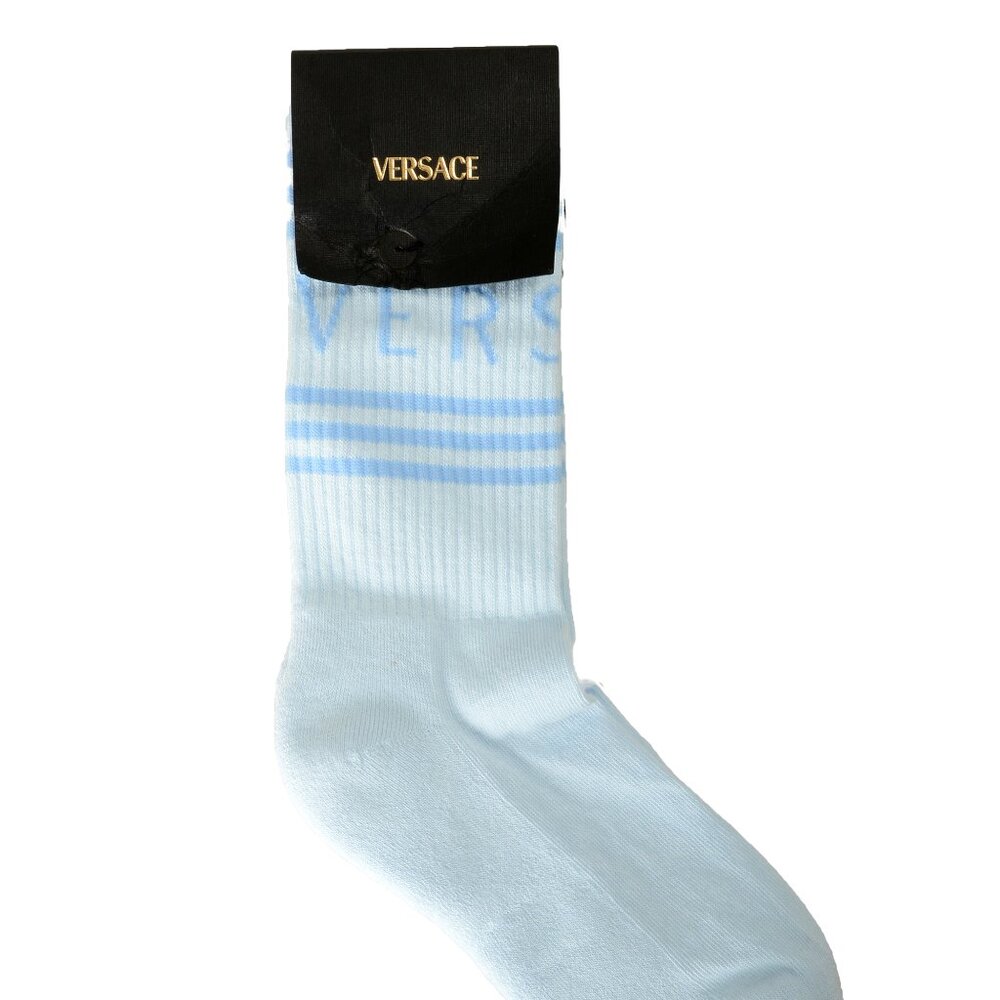Versace Sky Blue & White Logo Print Athletic Socks sz S